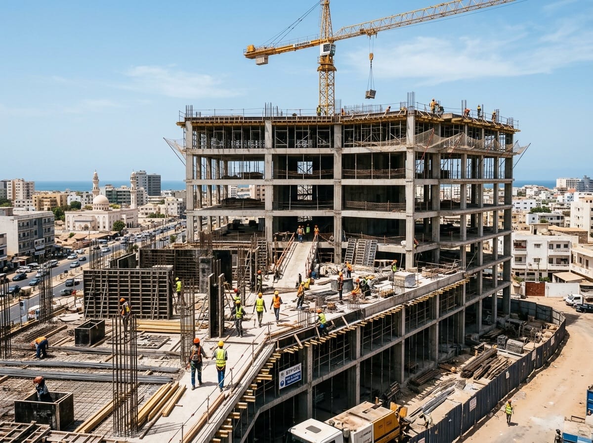 Chantier de construction d'un bâtiment commercial et tertiaire multi-niveaux à Dakar.