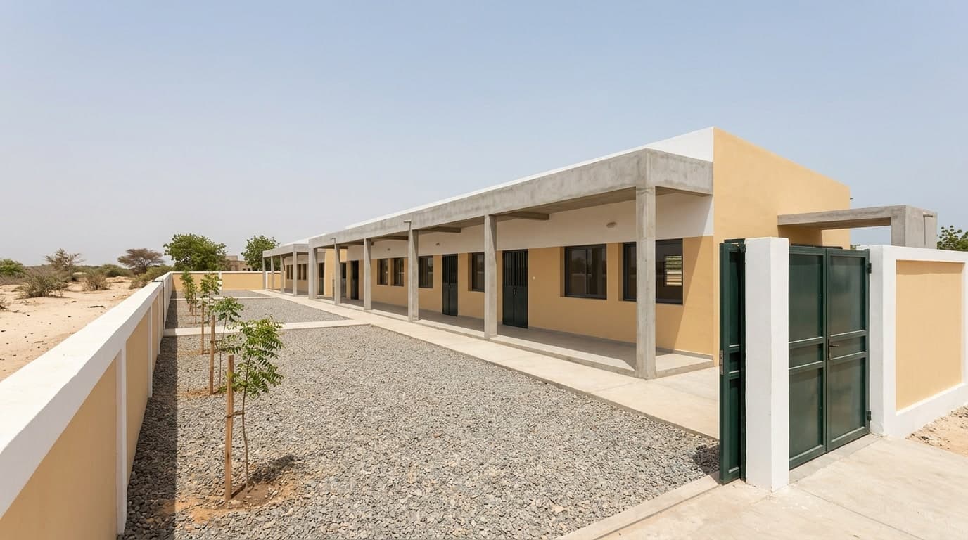 Bâtiment scolaire neuf au Sénégal, structure en béton et maçonnerie avec galerie abritée et cour aménagée.