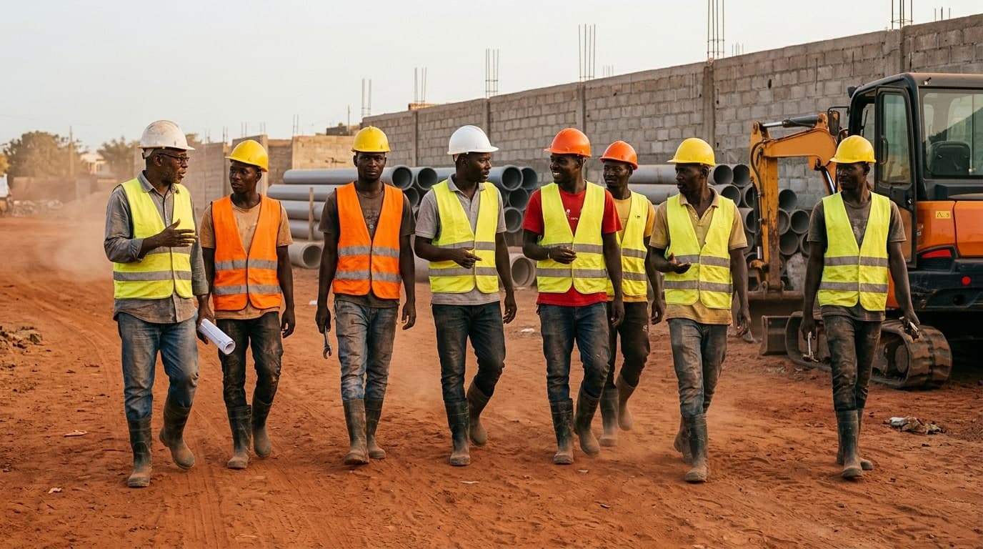 Équipe de techniciens et ouvriers de PET avançant ensemble sur un chantier de voirie et réseaux.