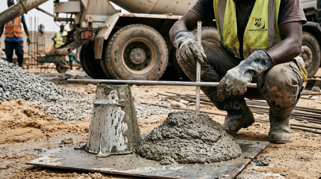 Contrôle qualité du béton au cône d'Abrams mesurant l'affaissement avant coulage d'ouvrage.