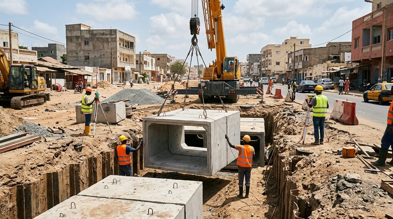 Pose et grutage de dalot cadre préfabriqué en béton armé pour canal d'évacuation et ouvrage d'art.