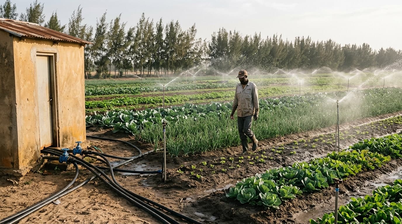 Réseau d'irrigation par aspersion en fonctionnement sur des parcelles maraîchères dans la zone des Niayes.
