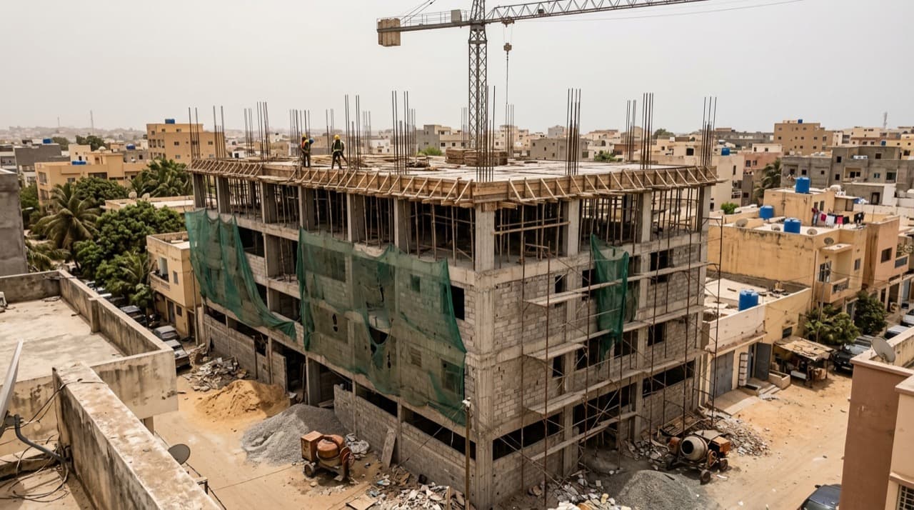 Élévation de maçonnerie et coulage de linteaux béton armé sur un immeuble en chantier à Dakar.