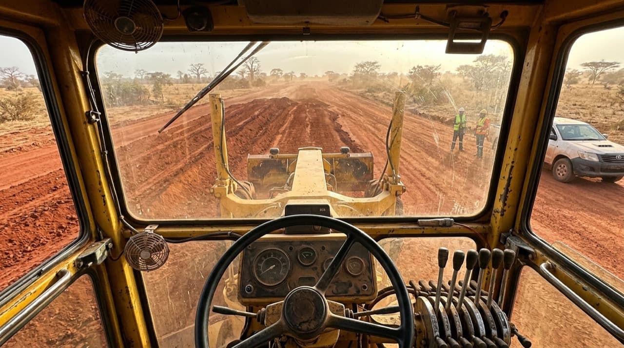 Niveleuse de terrassement lourd en pleine opération de régalage et de profilage de plateforme au Sénégal.